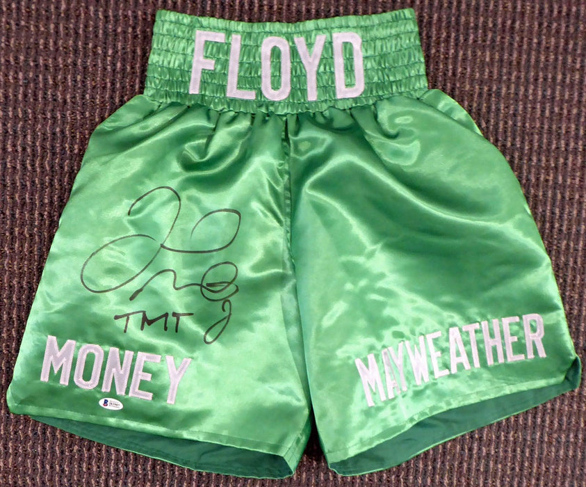 Floyd Mayweather Jr. Autographed Green Boxing Trunks "TMT" Beckett BAS Stock #159663 - RSA