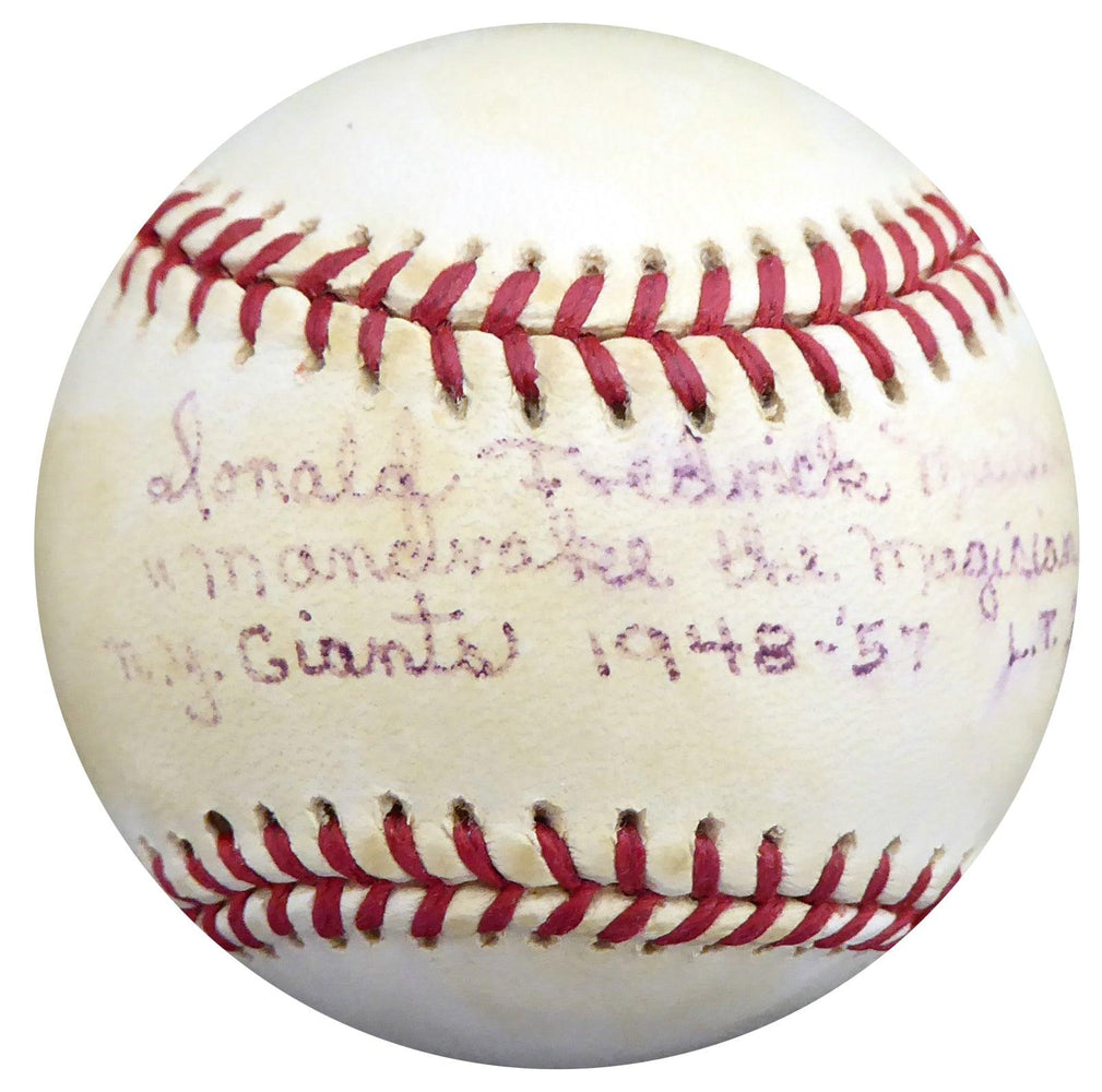 Don Mueller Autographed Official NL Baseball New York Giants "Full Name "Mandrake the Magician" NY Giants 1948-57 L.T. .296" Beckett BAS #S78460 - RSA