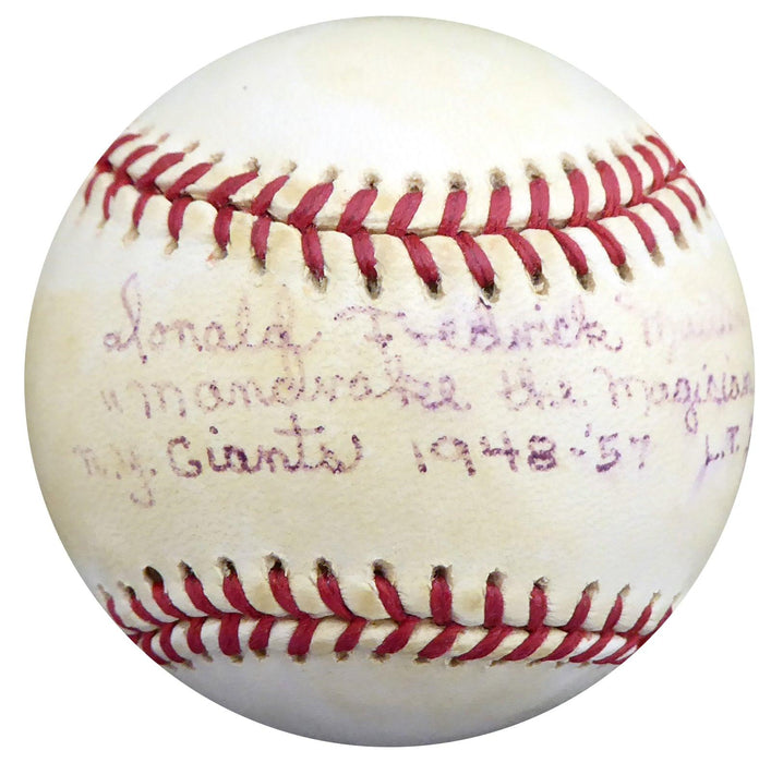 Don Mueller Autographed Official NL Baseball New York Giants "Full Name "Mandrake the Magician" NY Giants 1948-57 L.T. .296" Beckett BAS #S78460 - RSA
