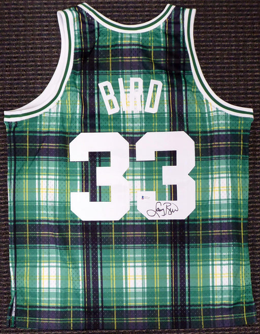 Boston Celtics Larry Bird Autographed Green Mitchell & Ness Private School Swingman Jersey Size L Beckett BAS Stock #177706 - RSA