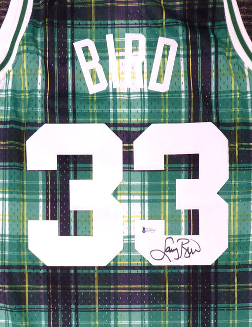 Boston Celtics Larry Bird Autographed Green Mitchell & Ness Private School Swingman Jersey Size L Beckett BAS Stock #177706 - RSA