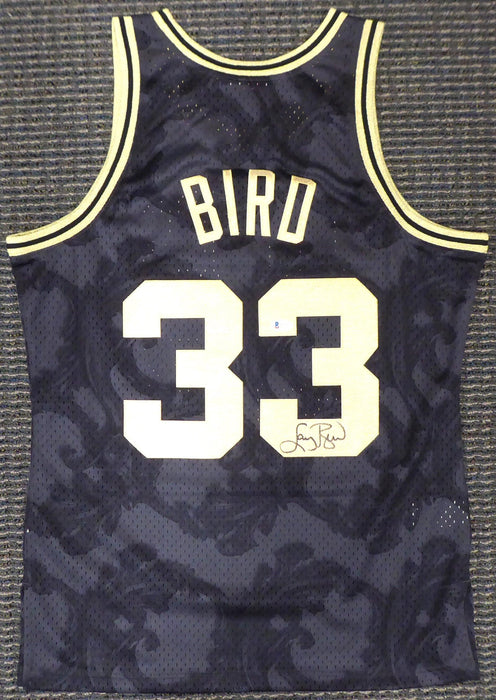 Boston Celtics Larry Bird Autographed Black Mitchell & Ness Gold Toile Swingman Jersey Size M Beckett BAS Stock #177714 - RSA