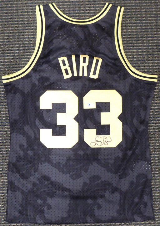 Boston Celtics Larry Bird Autographed Black Mitchell & Ness Gold Toile Swingman Jersey Size M Beckett BAS Stock #177714 - RSA