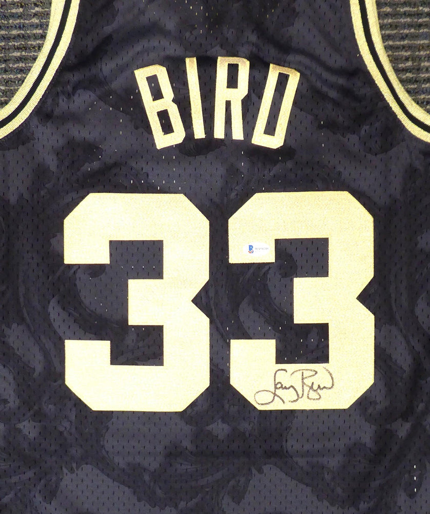 Boston Celtics Larry Bird Autographed Black Mitchell & Ness Gold Toile Swingman Jersey Size M Beckett BAS Stock #177714 - RSA