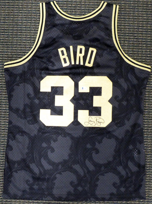 Boston Celtics Larry Bird Autographed Black Mitchell & Ness Gold Toile Swingman Jersey Size L Beckett BAS Stock #177715 - RSA