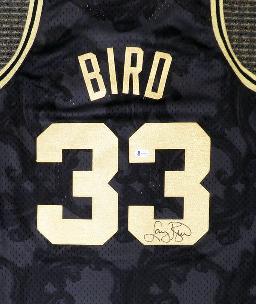 Boston Celtics Larry Bird Autographed Black Mitchell & Ness Gold Toile Swingman Jersey Size L Beckett BAS Stock #177715 - RSA