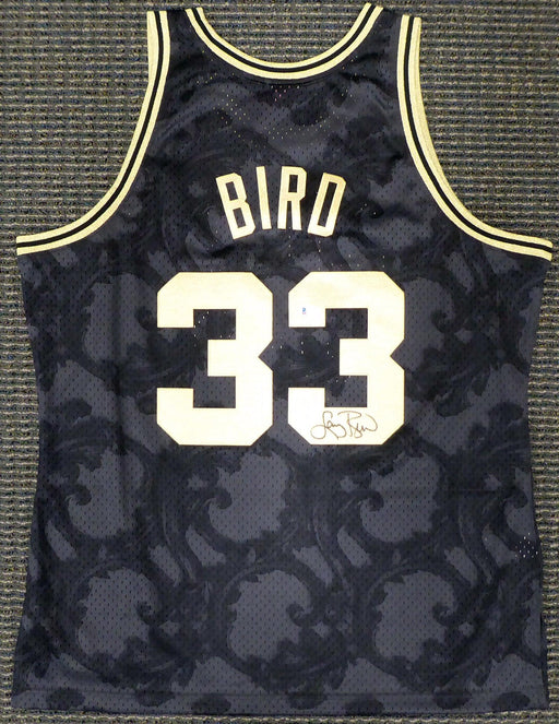 Boston Celtics Larry Bird Autographed Black Mitchell & Ness Gold Toile Swingman Jersey Size XL Beckett BAS Stock #177716 - RSA