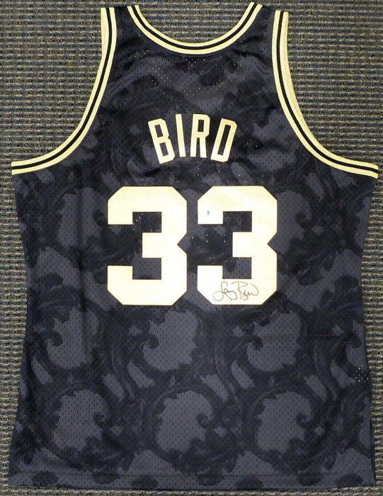 Boston Celtics Larry Bird Autographed Black Mitchell & Ness Gold Toile Swingman Jersey Size XL Beckett BAS Stock #177716 - RSA