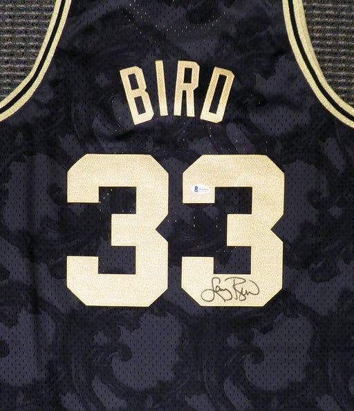 Boston Celtics Larry Bird Autographed Black Mitchell & Ness Gold Toile Swingman Jersey Size XL Beckett BAS Stock #177716 - RSA