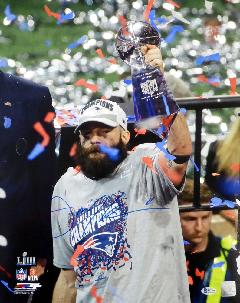 Julian Edelman Autographed 16x20 Photo New England Patriots Super Bowl LIII Trophy Beckett BAS Stock #147920 - RSA