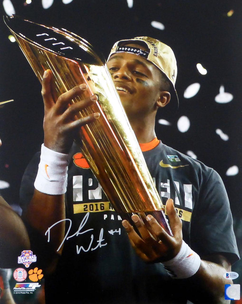 Deshaun Watson Autographed 16x20 Photo Clemson Tigers Holding Trophy Beckett BAS Stock #113719 - RSA
