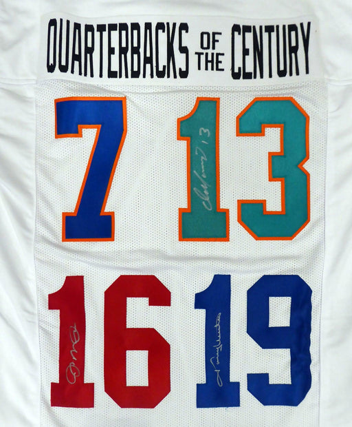 Quarterbacks Of The Century Autographed White Jersey Unitas, Marino & Montana Beckett BAS #AA00353 - RSA