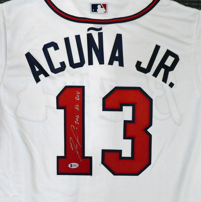 Atlanta Braves Ronald Acuna Jr. Autographed Majestic Cool Base White Jersey Size L "2018 NL ROY" Beckett BAS Stock #190026 - RSA
