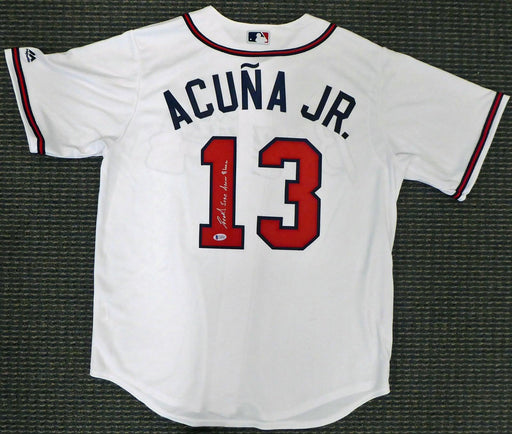 Atlanta Braves Ronald Jose Acuna Blanco Jr. Autographed Majestic Cool Base White Jersey Size L "Full Name" Beckett BAS Stock #190027 - RSA