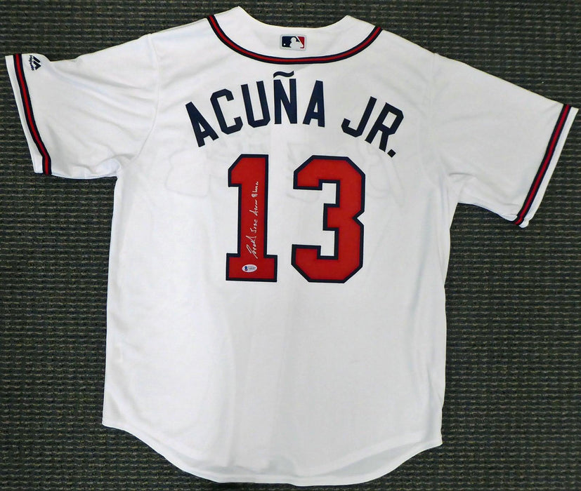 Atlanta Braves Ronald Jose Acuna Blanco Jr. Autographed Majestic Cool Base White Jersey Size L "Full Name" Beckett BAS Stock #190027 - RSA