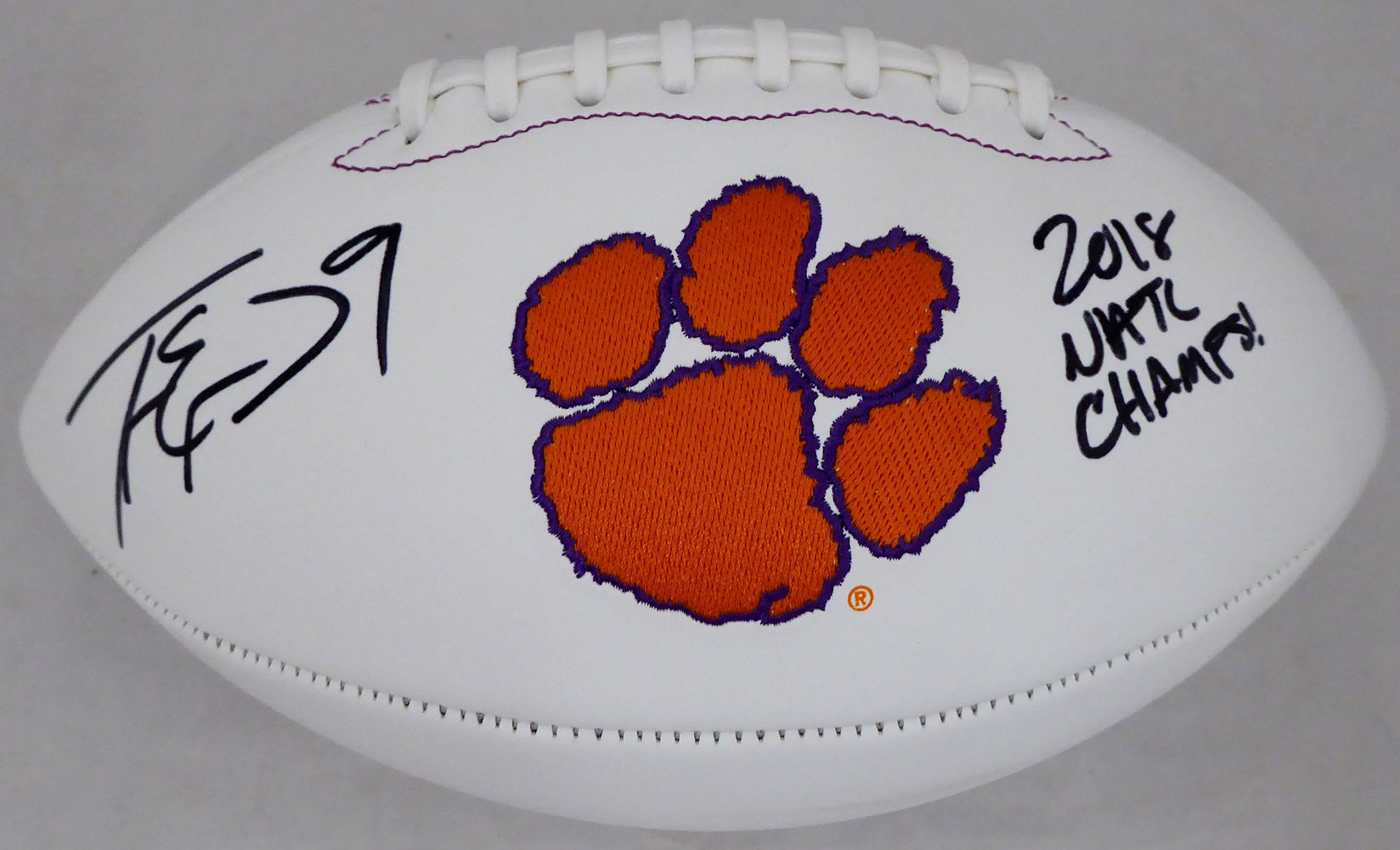 Travis Etienne Autographed Clemson Tigers White Logo Football "2018 Natl Champs!" Beckett BAS Stock #193986 - RSA