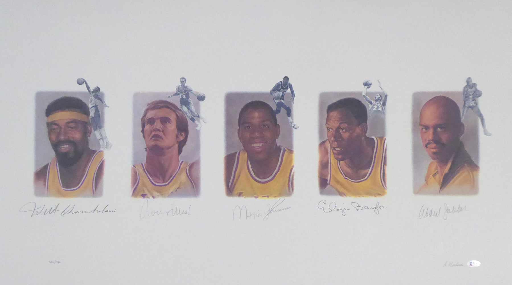 Los Angeles Lakers Legends Autographed Lithograph With 5 Signatures Including Wilt Chamberlain, West, Johnson, Baylor & Abdul-Jabbar #/1992 Beckett BAS Stock #195250 - RSA