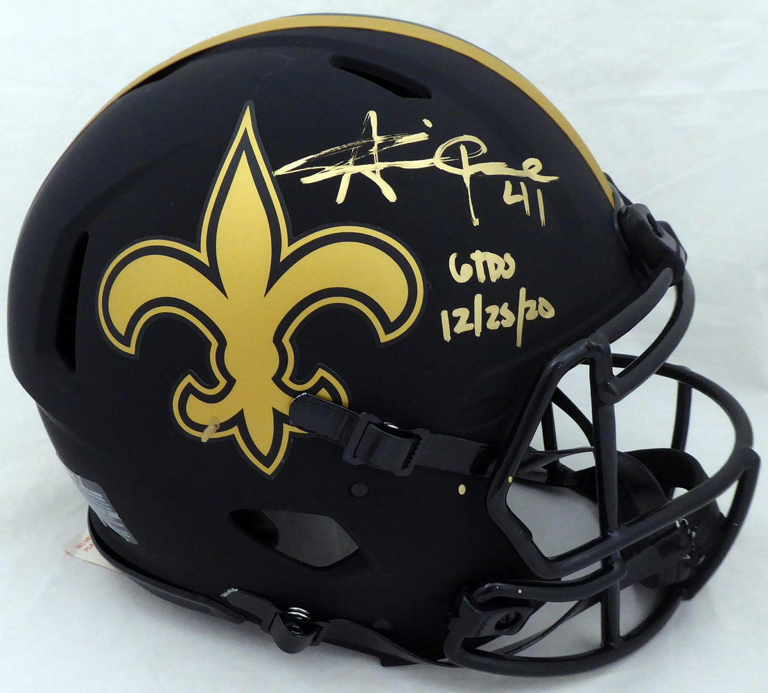 Alvin Kamara Autographed New Orleans Saints Eclipse Black Full Size Authentic Speed Helmet "6 TD's 12/25/20" (Light Auto) Beckett BAS QR #WJ58535 - RSA