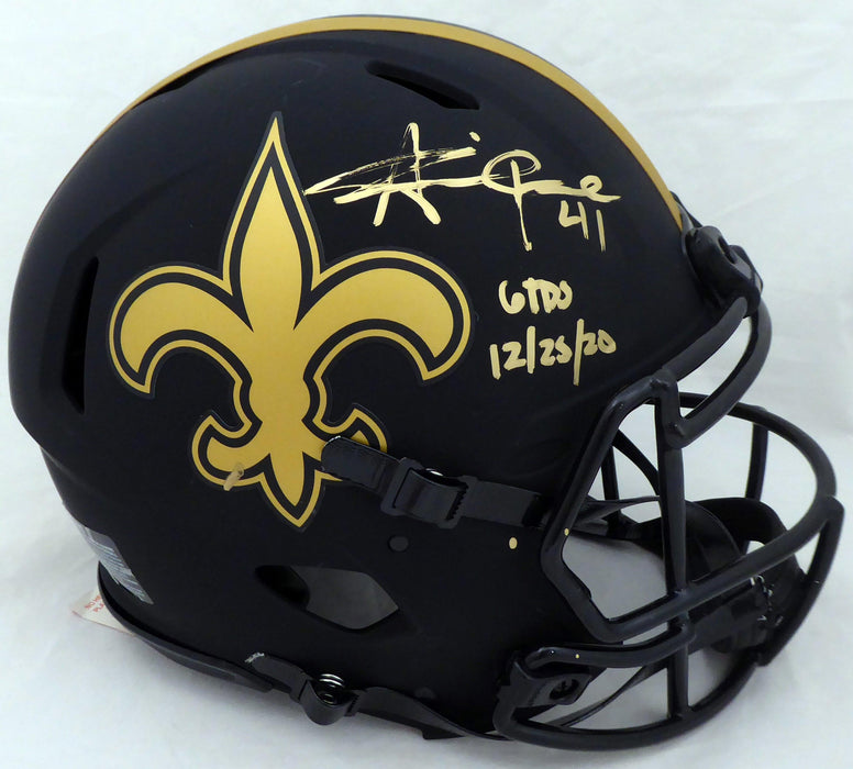 Alvin Kamara Autographed New Orleans Saints Eclipse Black Full Size Authentic Speed Helmet "6 TD's 12/25/20" (Light Auto) Beckett BAS QR #WJ58535 - RSA