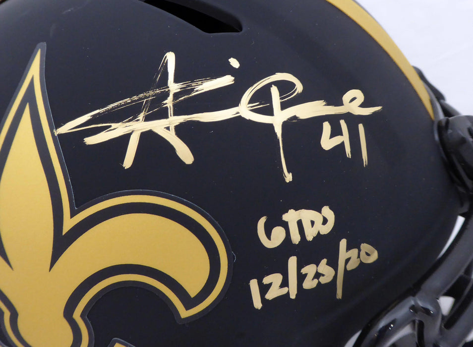 Alvin Kamara Autographed New Orleans Saints Eclipse Black Full Size Authentic Speed Helmet "6 TD's 12/25/20" (Light Auto) Beckett BAS QR #WJ58535 - RSA