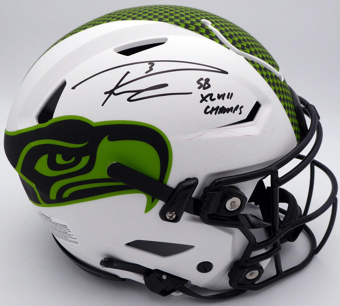 Russell Wilson Autographed Seattle Seahawks White Lunar Eclipse Full Size Authentic Hyper Speed Flex Helmet "SB XLVIII Champs" RW Holo & Beckett BAS #WE95224 - RSA