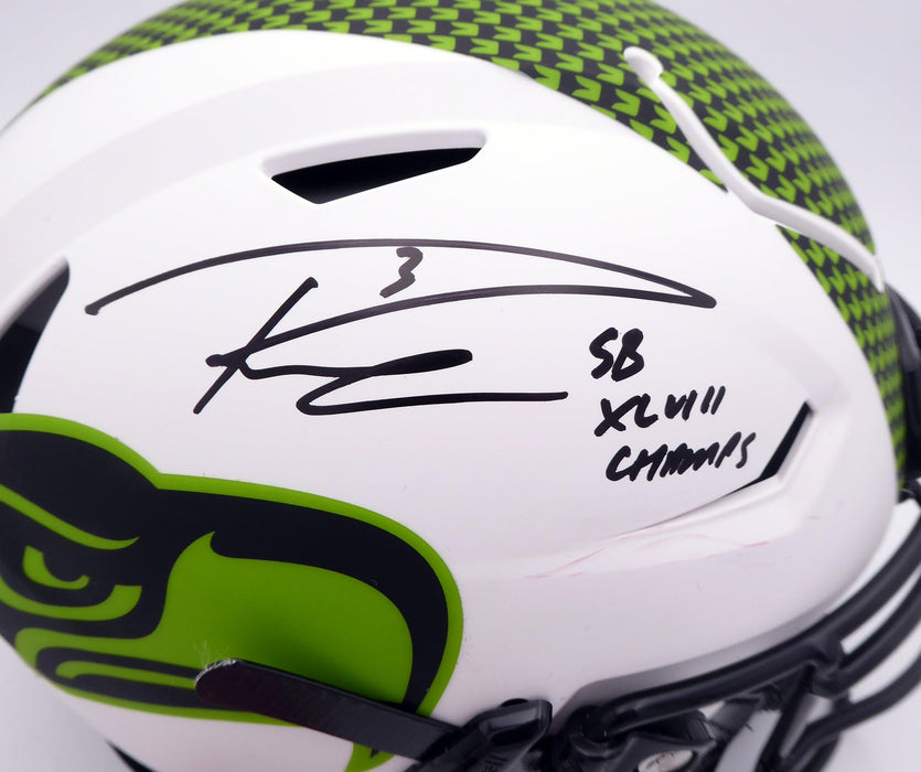Russell Wilson Autographed Seattle Seahawks White Lunar Eclipse Full Size Authentic Hyper Speed Flex Helmet "SB XLVIII Champs" RW Holo & Beckett BAS #WE95224 - RSA