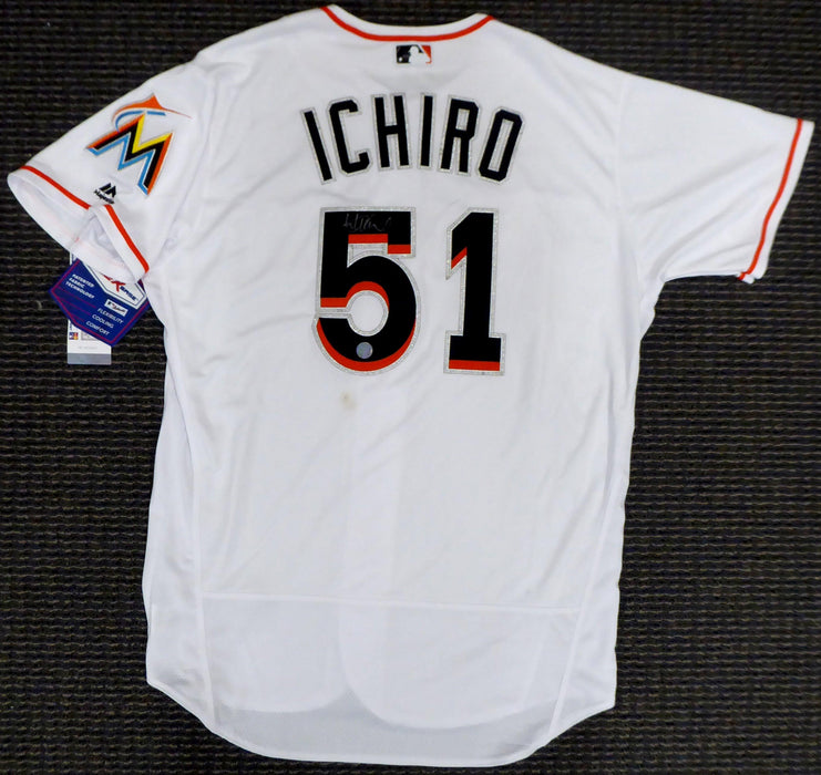 Miami Marlins Ichiro Suzuki Autographed Authentic White Majestic Flex Base Jersey (Stain) Size 48 IS Holo #201885 - RSA