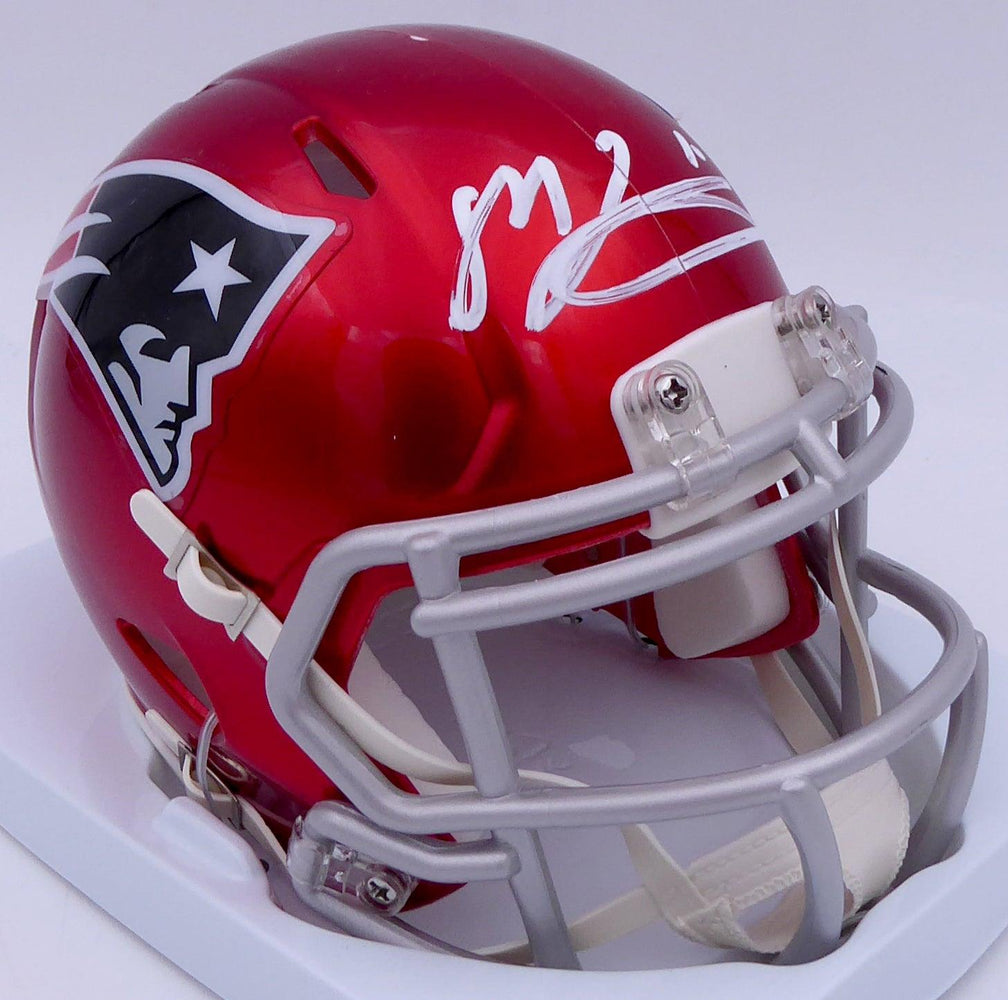 damaged football helmet Mac Jones Autographed New England Patriots Flash Red Speed Mini Helmet — RSA