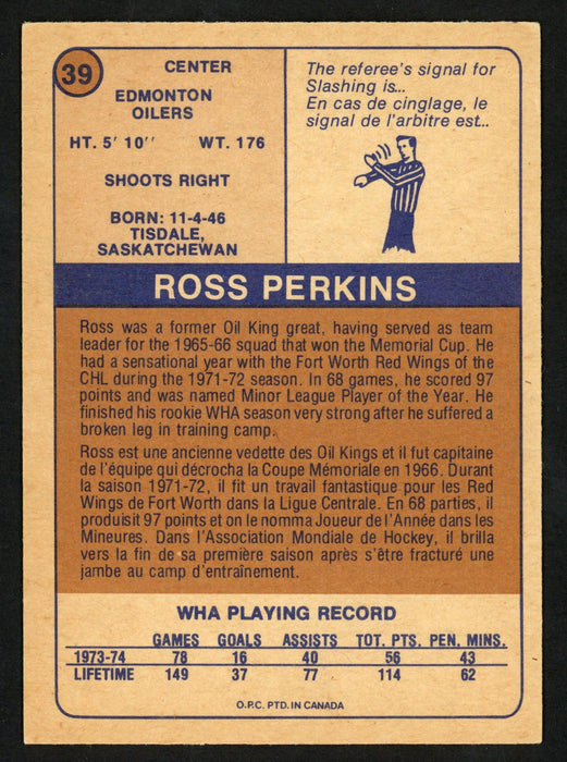 Ross Perkins Autographed 1974-75 WHA O-Pee-Chee Card #39 Edmonton Oilers "To John" SKU #151914 - RSA