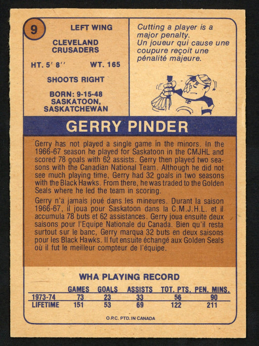Gerry Pinder Autographed 1974-75 WHA O-Pee-Chee Card #9 Cleveland Crusaders "To John" SKU #151902 - RSA