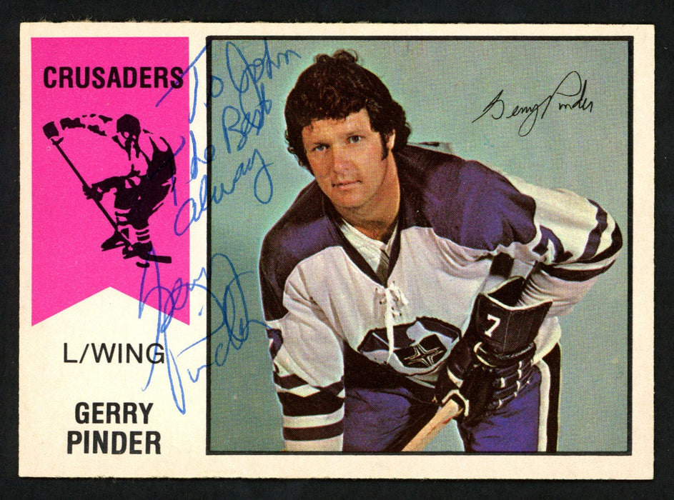 Gerry Pinder Autographed 1974-75 WHA O-Pee-Chee Card #9 Cleveland Crusaders "To John" SKU #151902 - RSA
