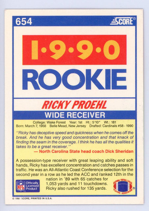 Ricky Proehl Autographed 1990 Score Card #654 Phoenix Cardinals SKU #134722 - RSA