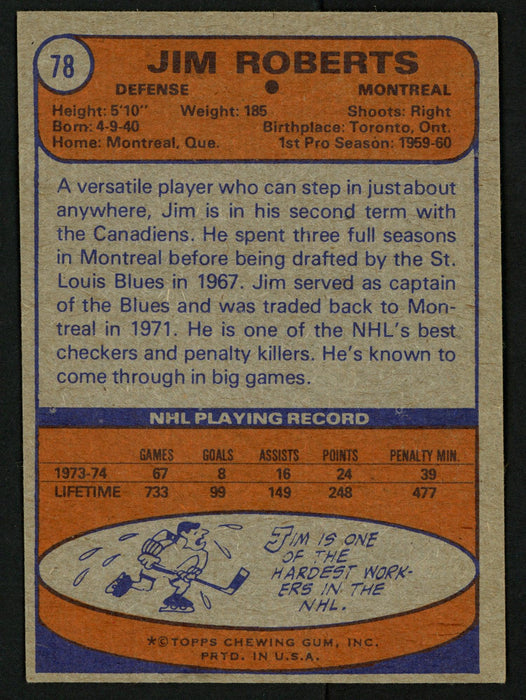 Jim Roberts Autographed 1974-75 Topps Card #78 Montreal Canadiens SKU #150080 - RSA