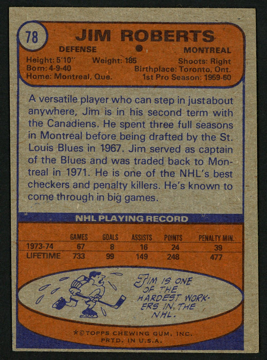 Jim Roberts Autographed 1974-75 Topps Card #78 Montreal Canadiens SKU #150081 - RSA