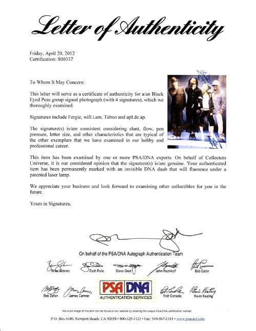 Black Eyed Peas Autographed 8x10 Photo Fergie, will.i.am, Taboo & apl.de.ap PSA/DNA #S00337 - RSA