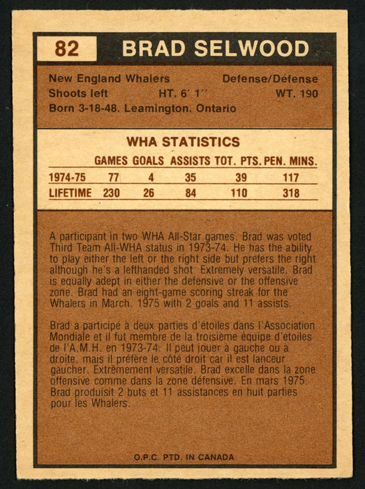 Brad Selwood Autographed 1975-76 WHA O-Pee-Chee Rookie Card #82 New England Whalers SKU #151324 - RSA