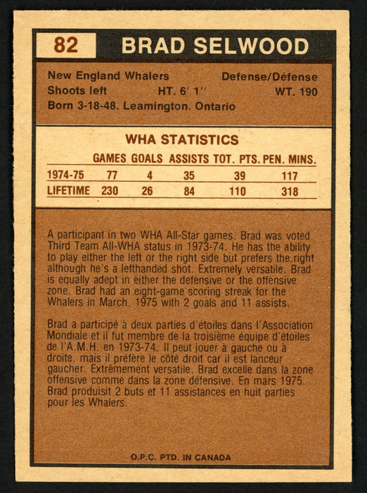 Brad Selwood Autographed 1975-76 WHA O-Pee-Chee Rookie Card #82 New England Whalers SKU #151325 - RSA