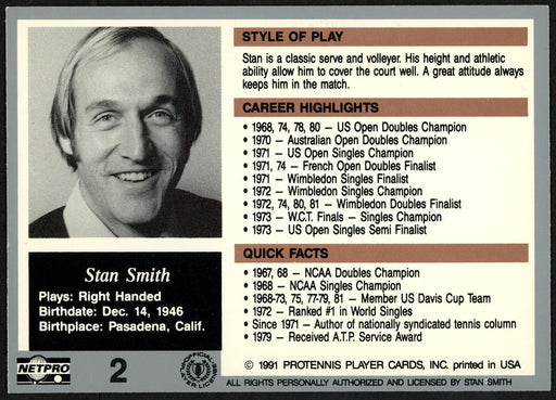 Stan Smith Autographed 1991 NetPro The Legends Card #2 "To Harvey" SKU #148256 - RSA