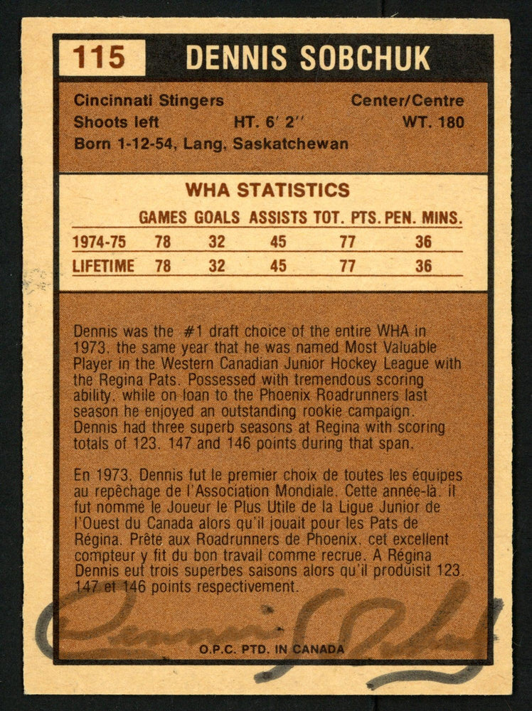 Dennis Sobchuk Autographed 1975-76 WHA O-Pee-Chee Card #115 Cincinnati Stingers SKU #151331 - RSA