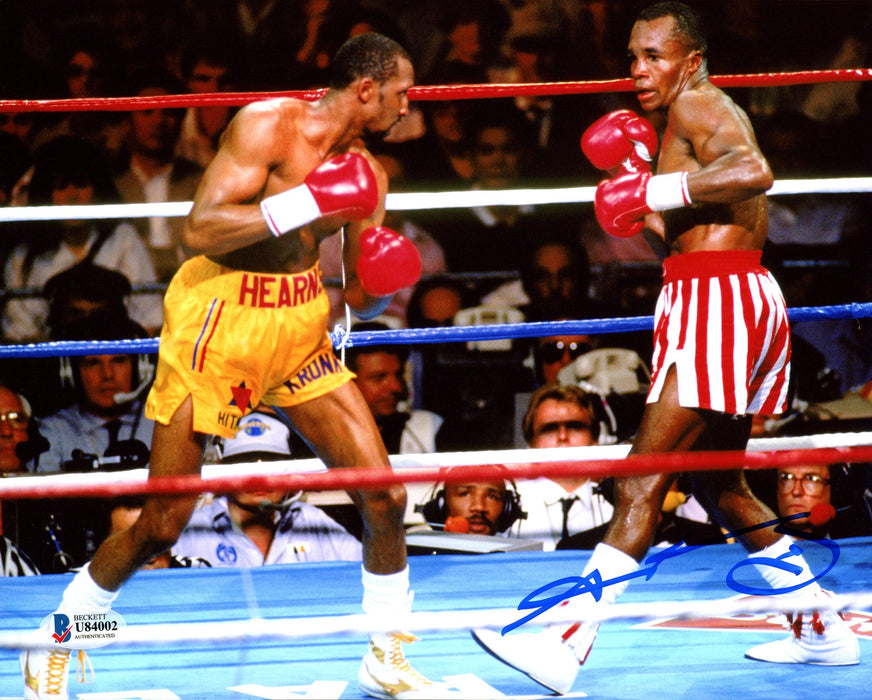 Sugar Ray Leonard Autographed 8x10 Photo vs. Thomas "Hitman" Hearns Beckett BAS Stock #178112 - RSA