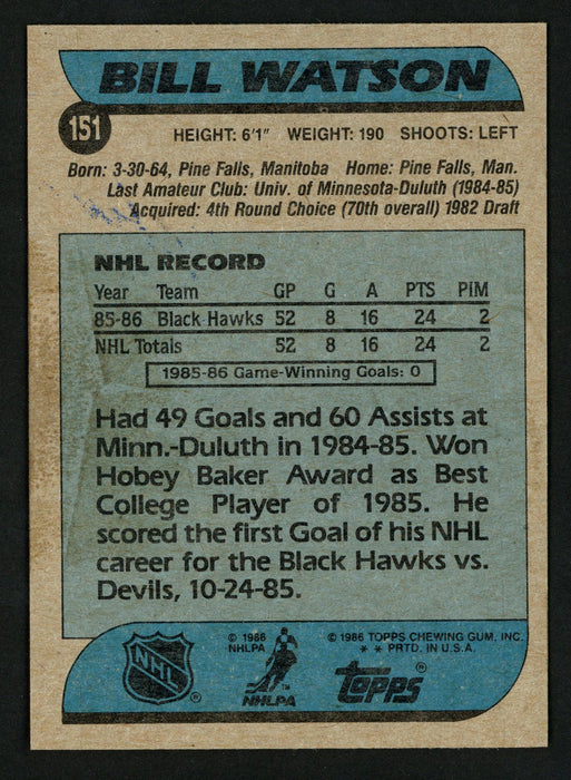 Bill Watson Autographed 1986-87 Topps Rookie Card #151 Chicago Blackhawks SKU #152009 - RSA