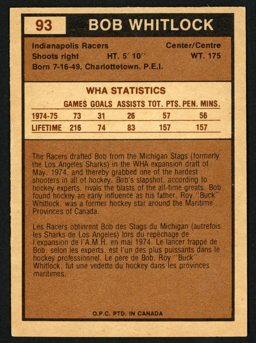 Bob Whitlock Autographed 1975-76 WHA O-Pee-Chee Card #93 Indianapolis Racers SKU #151327 - RSA