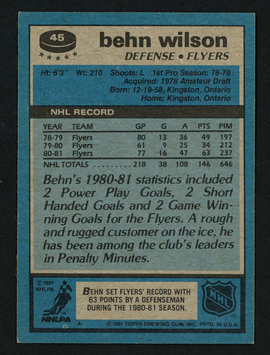 Behn Wilson Autographed 1981-82 Topps Card #45 Philadelphia Flyers SKU #153586 - RSA