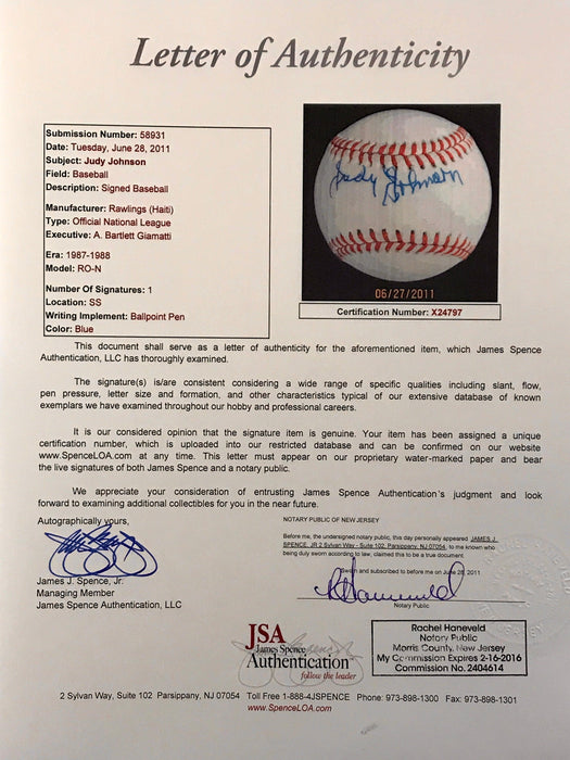 Judy Johnson Signed Rawlings Giamatti NL Baseball (JSA X24797) - RSA