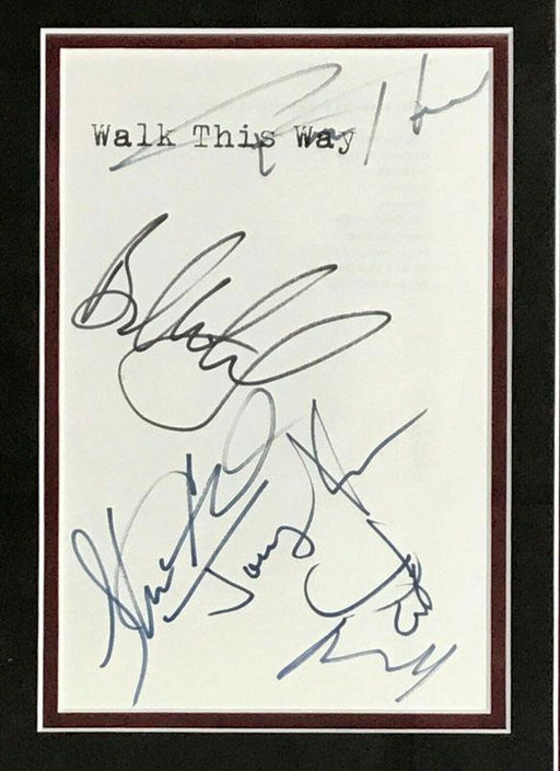 complete group signed aerosmith signed walk this way book page custom framed display jsa x28501 top view