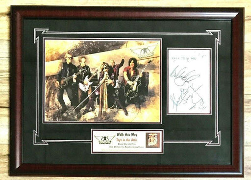 complete group signed aerosmith signed walk this way book page custom framed display jsa x28501 certificate of authenticity