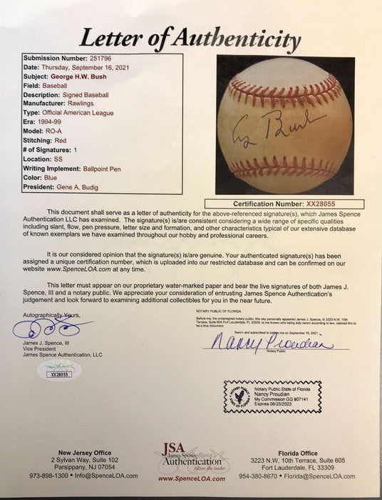 george hw bush signed rawlings american league baseball jsa loa xx28055 top view