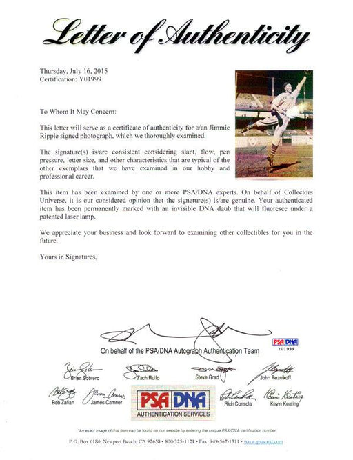 Jimmie Ripple Autographed 8x10 Photo New York Giants "To Dr. Steen Best Regards" PSA/DNA #Y01999 - RSA