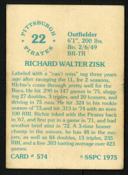 Richie Zisk Autographed 1975 SSPC Card #574 Pittsburgh Pirates SKU #150134 - RSA