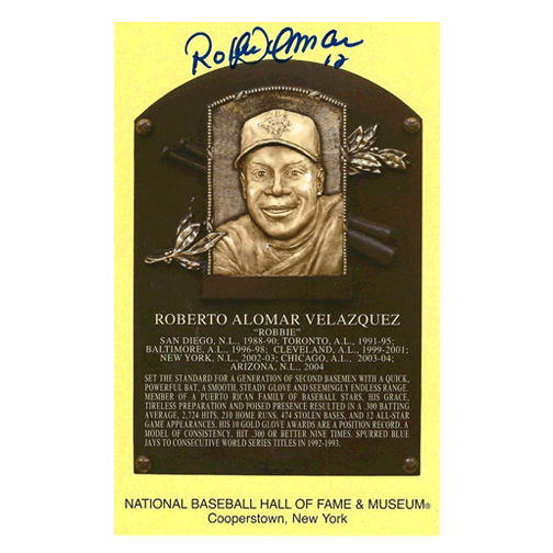 Roberto Alomar Autographed Hall of Fame Plaque Postcard (JSA) - RSA